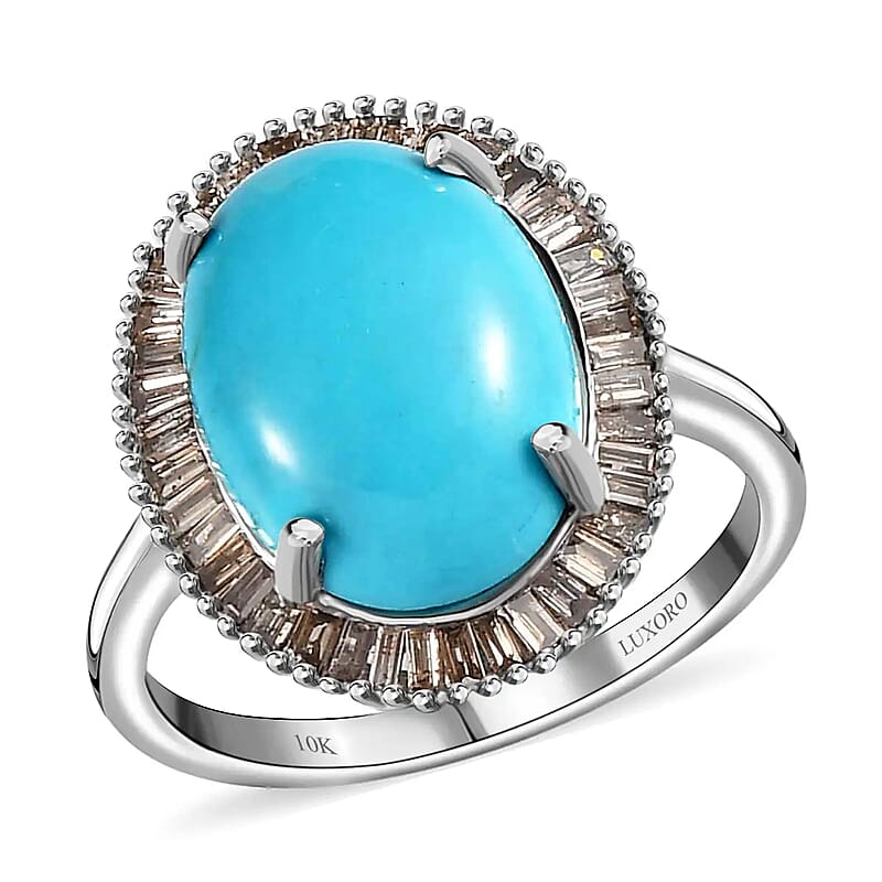 Luxoro Premium Sleeping Beauty Turquoise Ring, Natural Champagne Diamond Accent Ring, Turquoise Halo Ring, 10K White Gold Ring, Wedding Ring, Gold Gifts 5.75 ctw