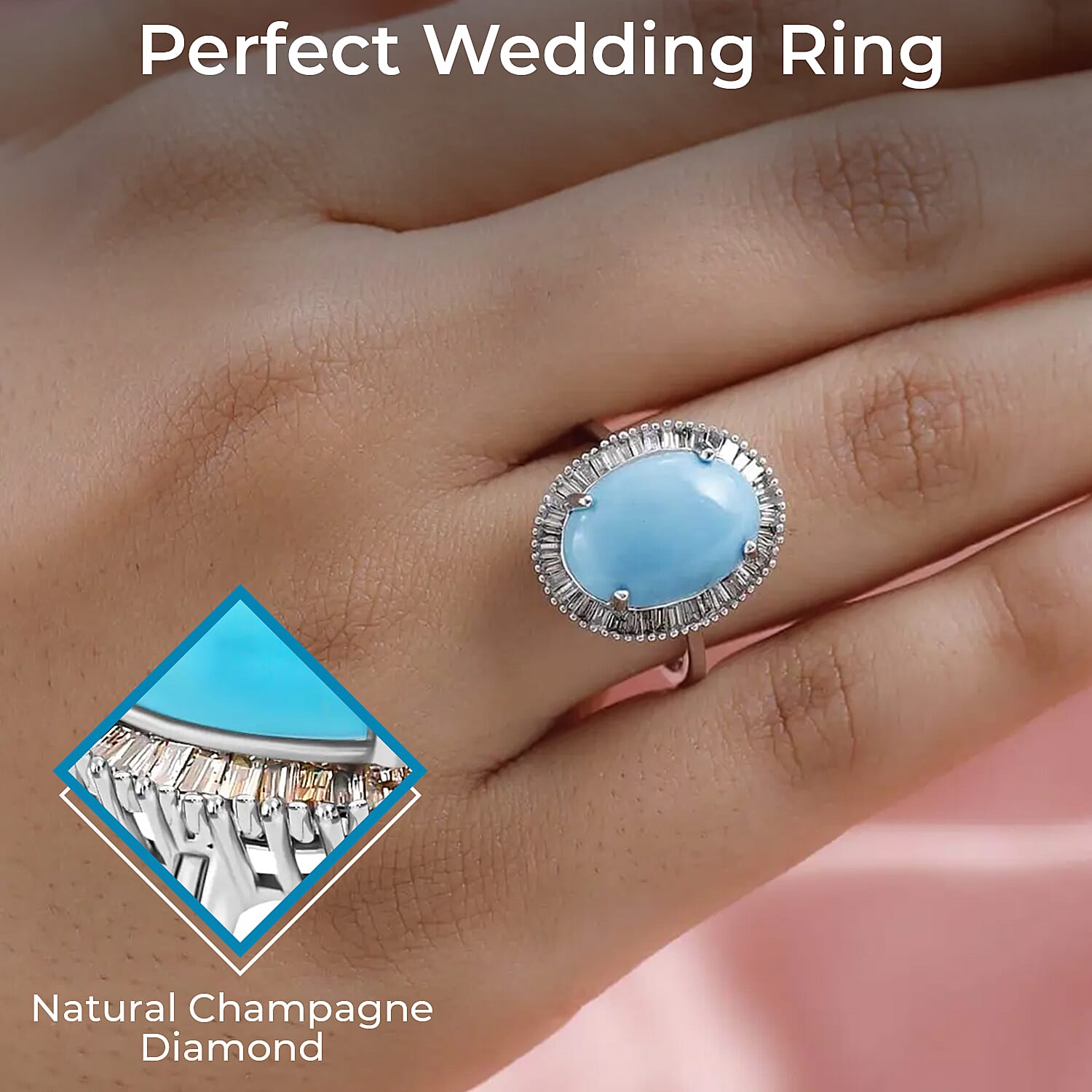 Luxoro Premium Sleeping Beauty Turquoise Ring, Natural Champagne Diamond Accent Ring, Turquoise Halo Ring, 10K White Gold Ring, Wedding Ring, Gold Gifts 5.75 ctw