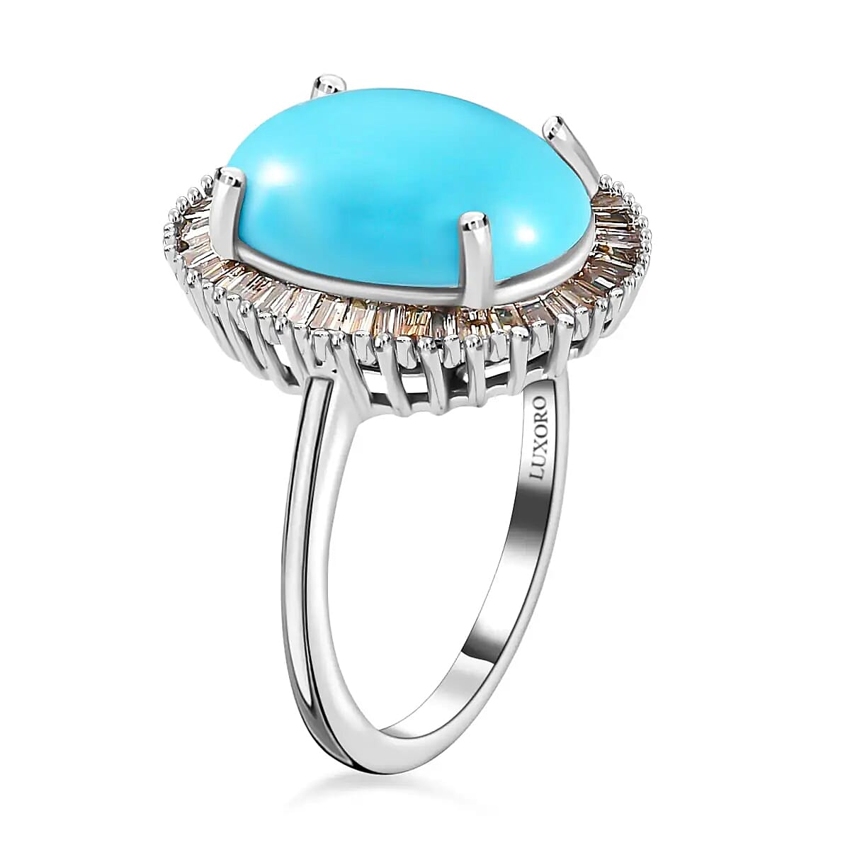 Luxoro Premium Sleeping Beauty Turquoise Ring, Natural Champagne Diamond Accent Ring, Turquoise Halo Ring, 10K White Gold Ring, Wedding Ring, Gold Gifts 5.75 ctw