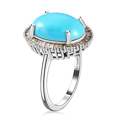 Luxoro Premium Sleeping Beauty Turquoise Ring, Natural Champagne Diamond Accent Ring, Turquoise Halo Ring, 10K White Gold Ring, Wedding Ring, Gold Gifts 5.75 ctw