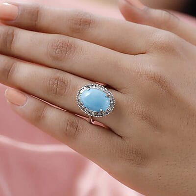 Luxoro Premium Sleeping Beauty Turquoise Ring, Natural Champagne Diamond Accent Ring, Turquoise Halo Ring, 10K White Gold Ring, Wedding Ring, Gold Gifts 5.75 ctw