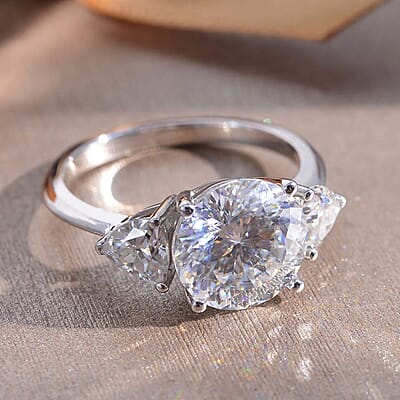 Luxoro 120 Facet Moissanite Trilogy Ring in 10K White Gold, Three Stone Engagement Ring For Women, Promise Rings (Size 4.5)