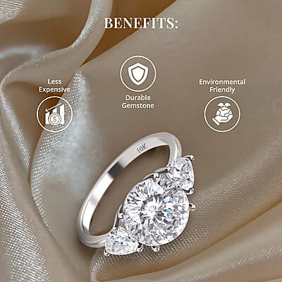 Luxoro 120 Facet Moissanite Trilogy Ring in 10K White Gold, Three Stone Engagement Ring For Women, Promise Rings (Size 4.5)