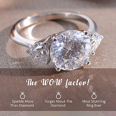 Luxoro 120 Facet Moissanite Trilogy Ring in 10K White Gold, Three Stone Engagement Ring For Women, Promise Rings (Size 4.5)