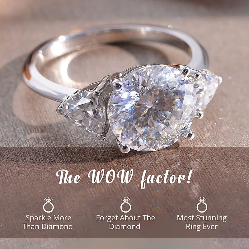 Luxoro 120 Facet Moissanite Trilogy Ring in 10K White Gold, Three Stone Engagement Ring For Women, Promise Rings (Size 4.5)