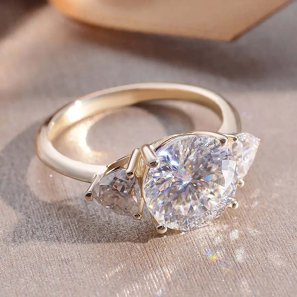 Luxoro 120 Facet Moissanite Trilogy Ring in 10K Yellow Gold, Three Stone Engagement Ring For Women, Promise Rings (Size 6.5) image number 1