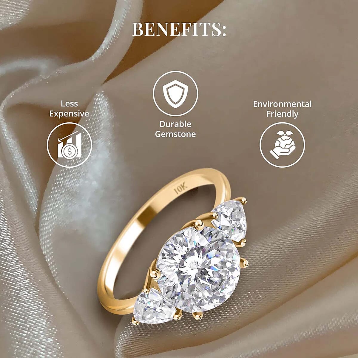 Luxoro 120 Facet Moissanite Trilogy Ring in 10K Yellow Gold, Three Stone Engagement Ring For Women, Promise Rings (Size 6.5) image number 3