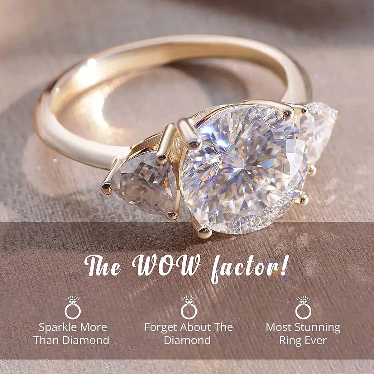 Luxoro 120 Facet Moissanite Trilogy Ring in 10K Yellow Gold, Three Stone Engagement Ring For Women, Promise Rings (Size 6.5) image number 4