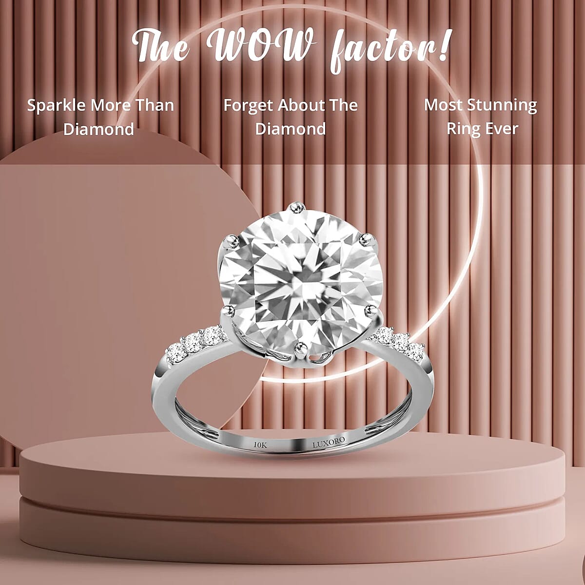 Luxoro 10K White Gold Moissanite (Rnd 11 mm) Ring, Solitaire Engagement Ring For Women (Size 6.5) 4.65 ctw image number 4