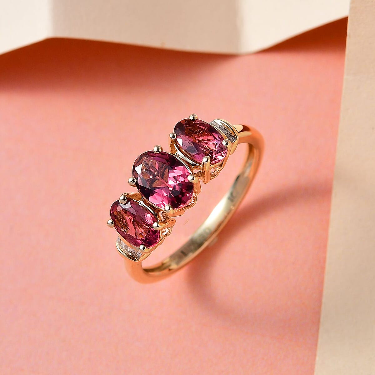 Luxoro AAA Salmon Pink Tourmaline and Diamond Trilogy Ring in 10K Yellow Gold, Pink Tourmaline Jewelry, Birthday Anniversary Wedding Gift For Her 1.70 ctw image number 1