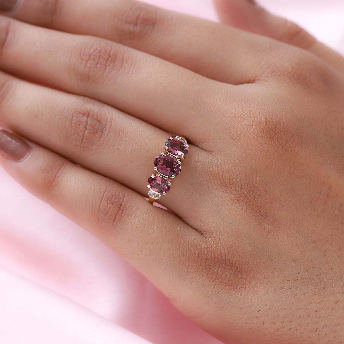Luxoro AAA Salmon Pink Tourmaline and Diamond Trilogy Ring in 10K Yellow Gold, Pink Tourmaline Jewelry, Birthday Anniversary Wedding Gift For Her 1.70 ctw image number 2