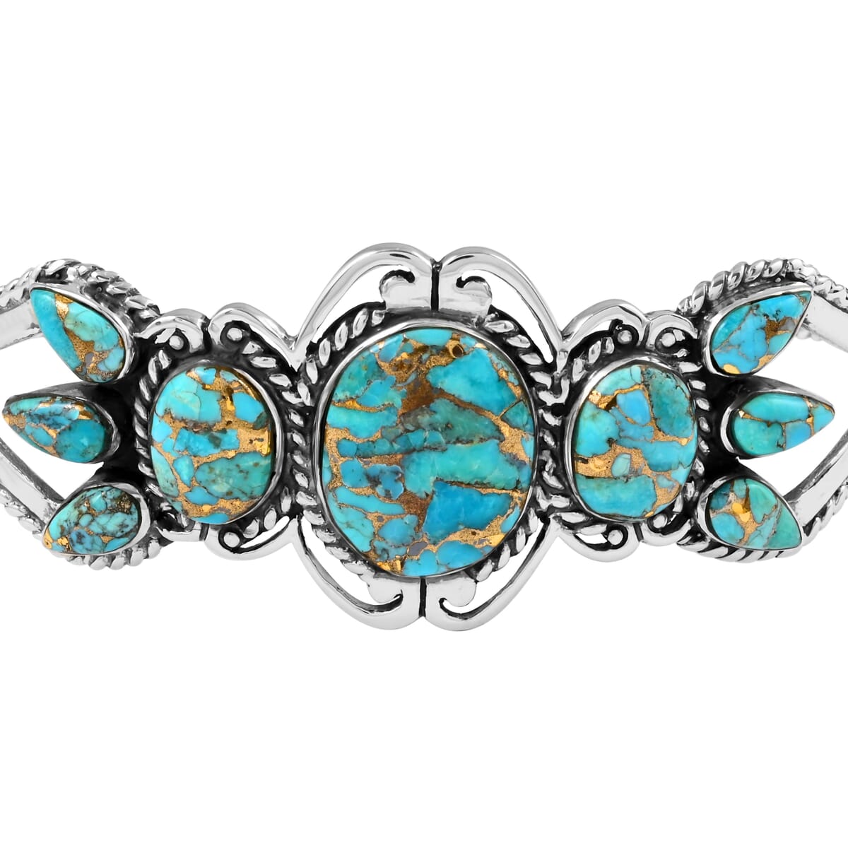 Santa Fe Style Mojave Turquoise Cuff Bracelet in Sterling Silver (7.00 In) 7.50 ctw image number 2