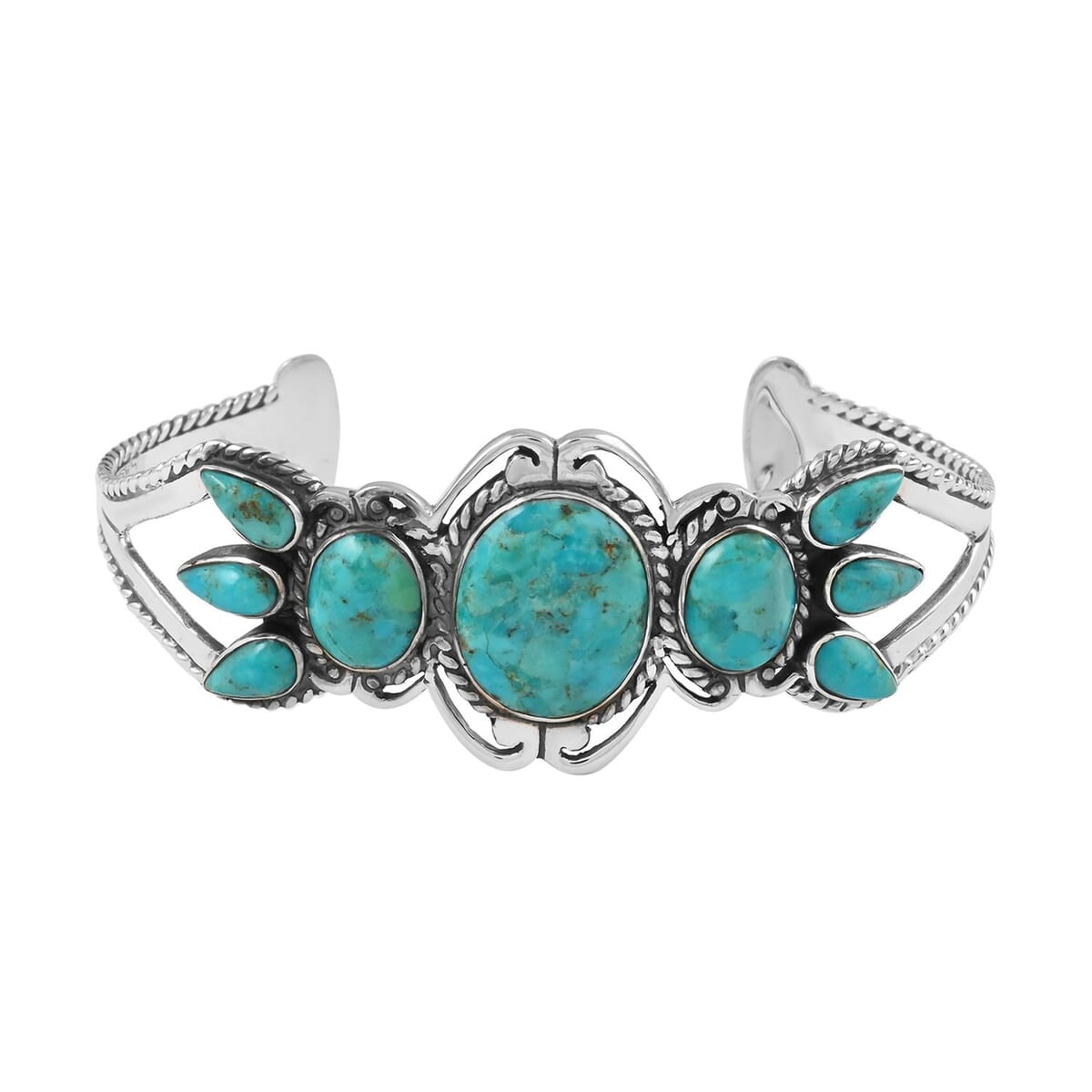 Santa Fe Style Kingman Turquoise 7.50 ctw Cuff Bracelet in Sterling Silver (7.00 In) image number 0
