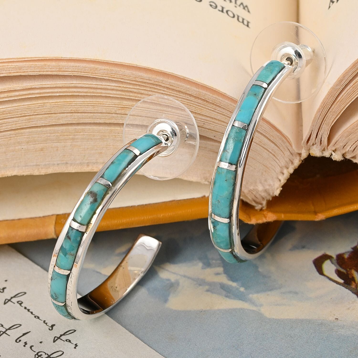 Santa Fe Style Kingman Turquoise Earrings in Sterling Silver 7.50 ctw
