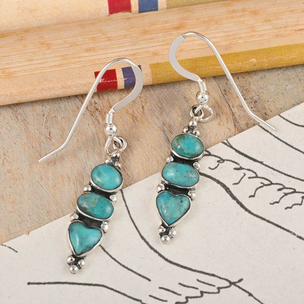 Santa Fe Style Kingman Turquoise Earrings in Sterling Silver 7.50 ctw image number 1