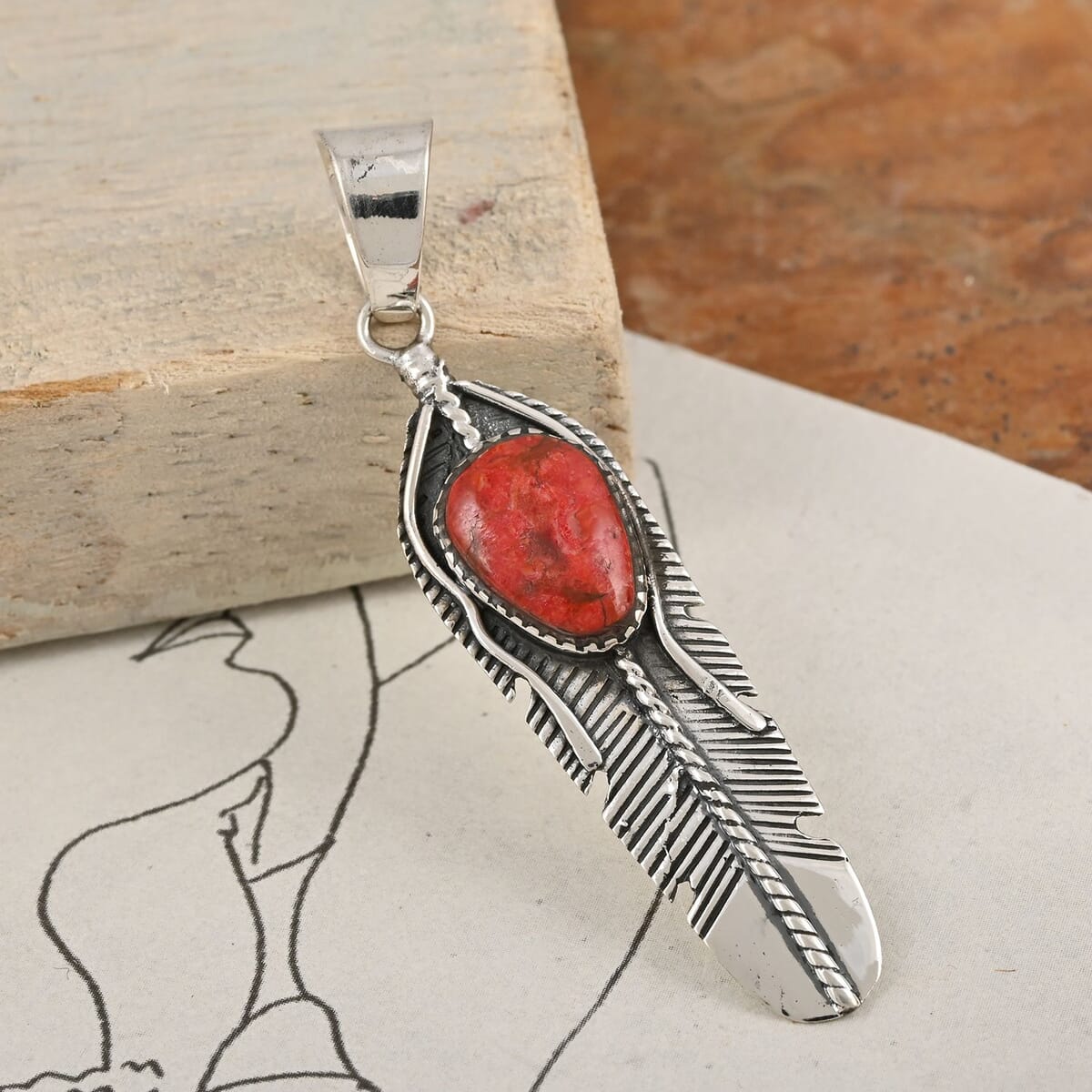 Santa Fe Style Enhanced Coral Feather Pendant in Sterling Silver 4.50 ctw image number 1