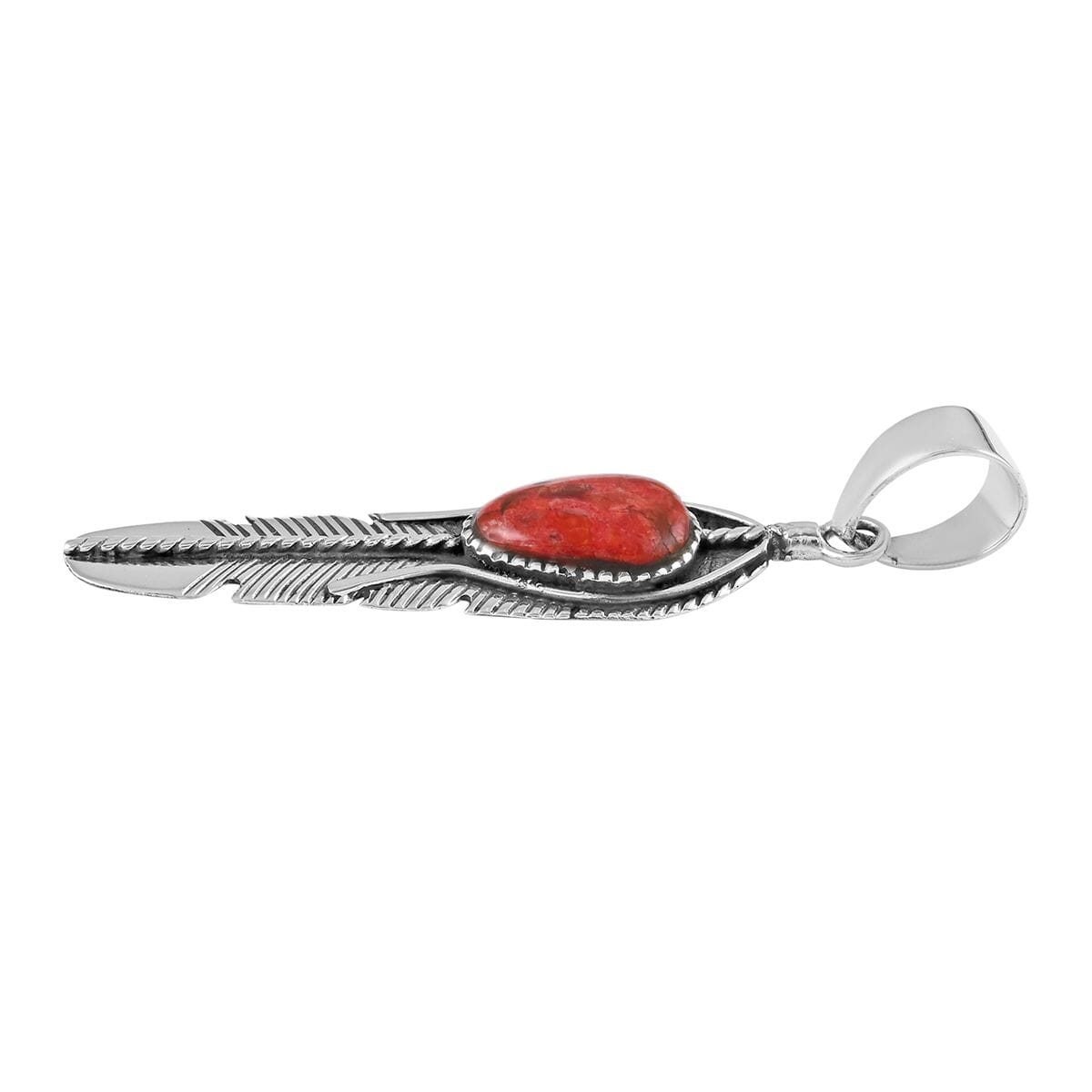 Santa Fe Style Enhanced Coral Feather Pendant in Sterling Silver 4.50 ctw image number 3
