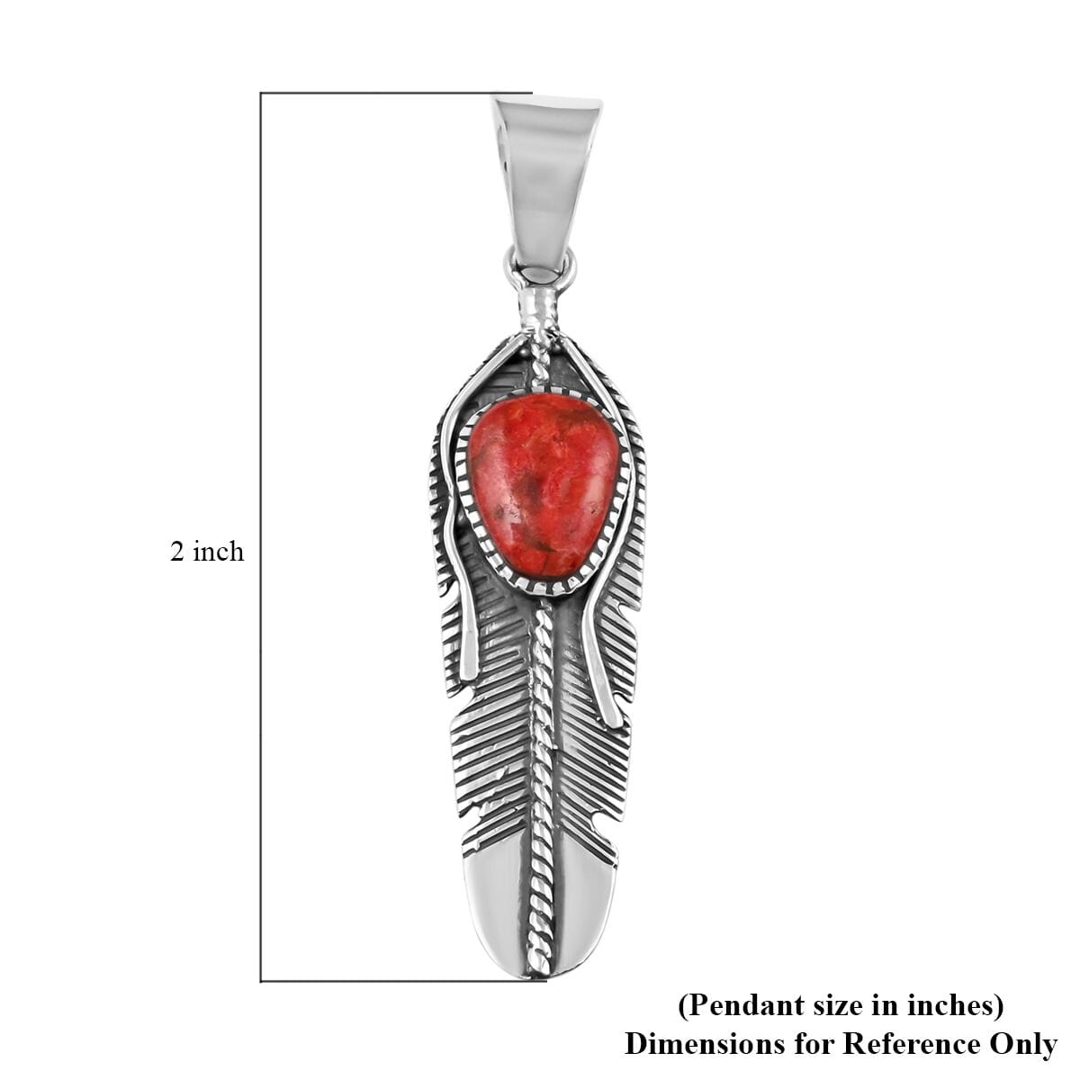 Santa Fe Style Enhanced Coral Feather Pendant in Sterling Silver 4.50 ctw image number 4