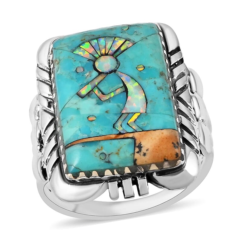 Santa Fe Style Blue Turquoise and Lab Created Opal Kokopelli Ring in Sterling Silver (Size 6.0) 5.25 ctw