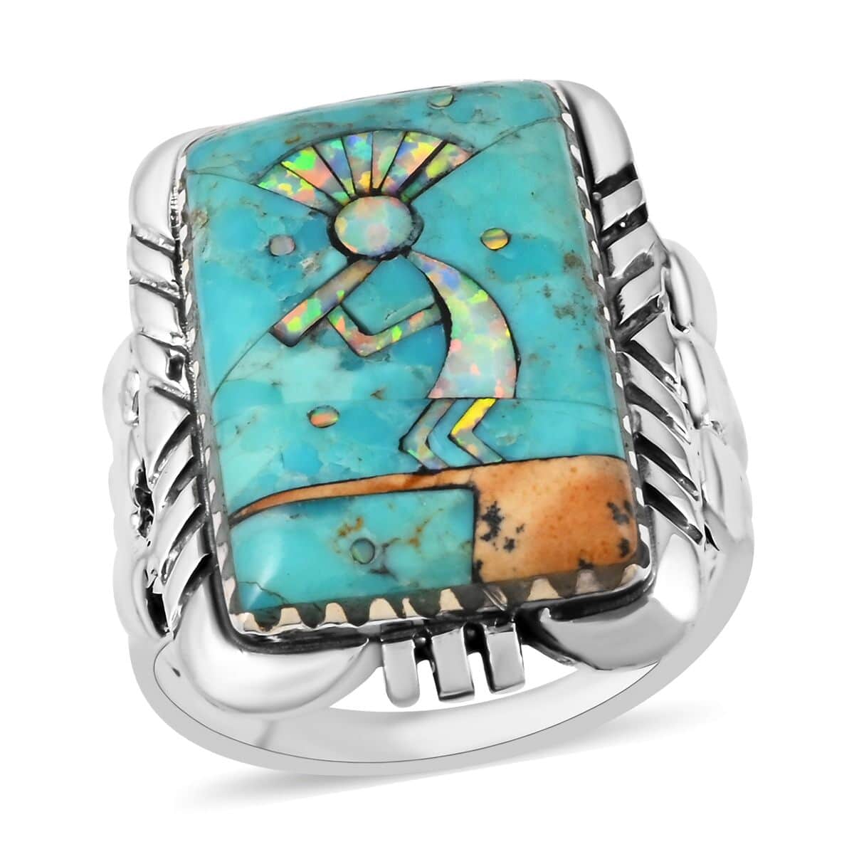 Santa Fe Style Blue Turquoise and Lab Created Opal Kokopelli Ring in Sterling Silver (Size 6.0) 5.25 ctw image number 0