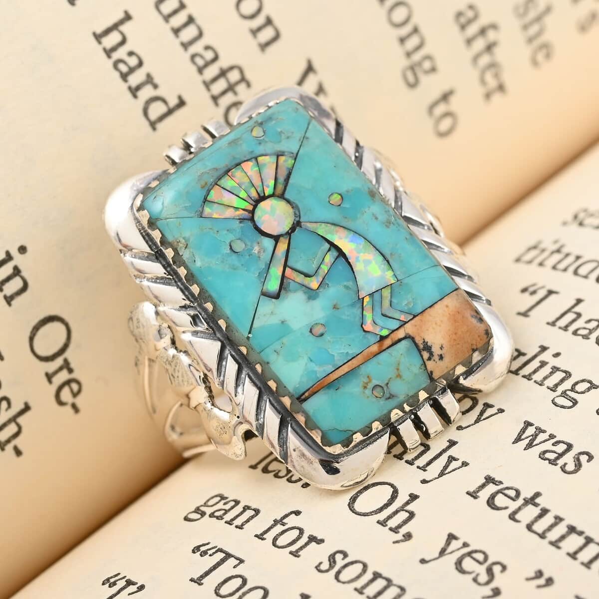 Santa Fe Style Blue Turquoise and Lab Created Opal Kokopelli Ring in Sterling Silver (Size 6.0) 5.25 ctw image number 1