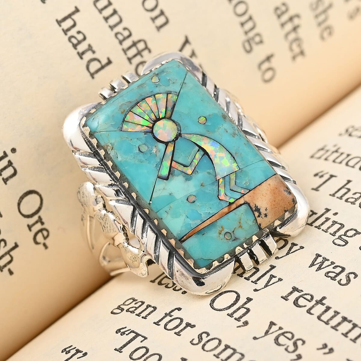 Santa Fe Style Blue Turquoise and Lab Created Opal Kokopelli Ring in Sterling Silver (Size 7.0) 5.25 ctw image number 1