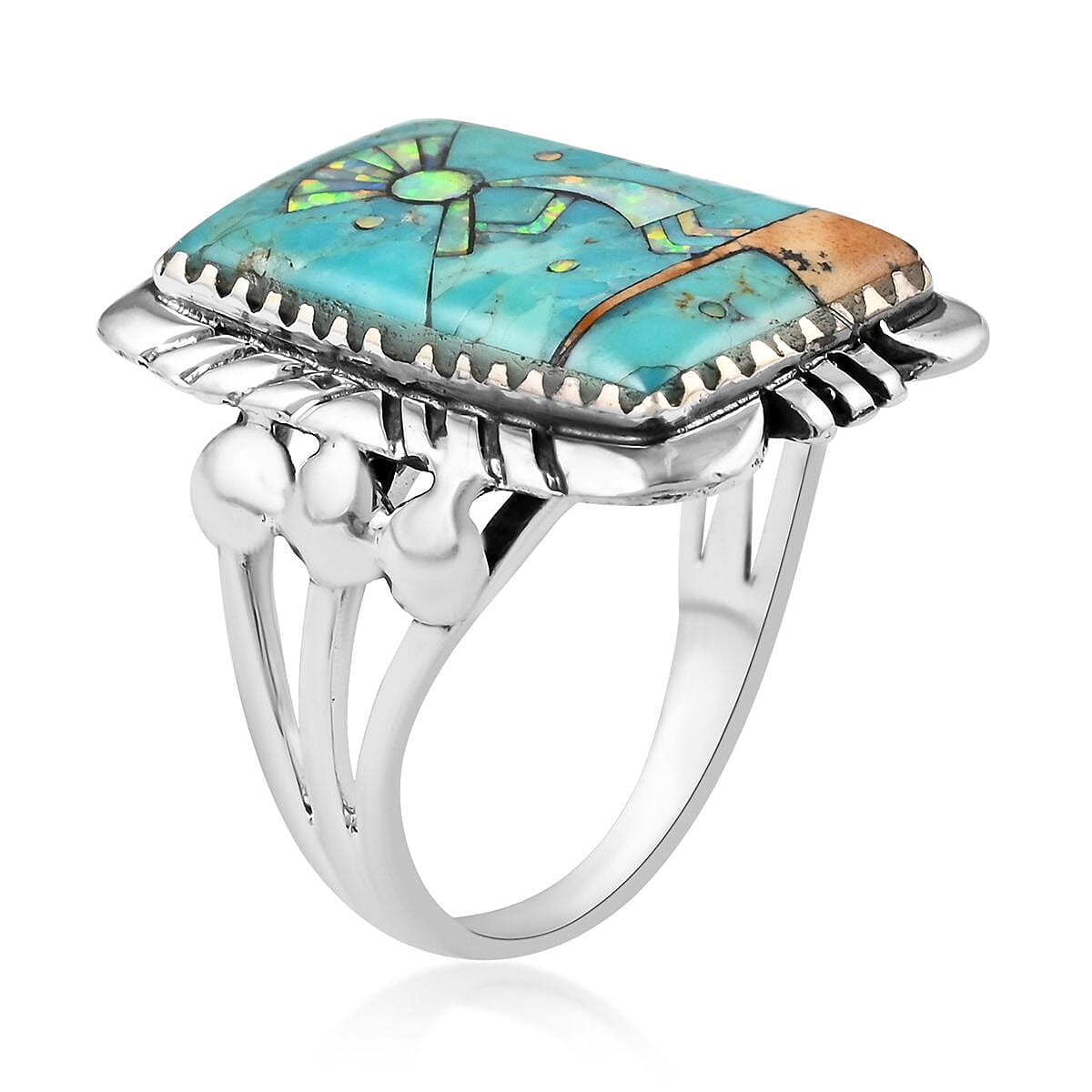 Santa Fe Style Blue Turquoise and Lab Created Opal Kokopelli Ring in Sterling Silver (Size 7.0) 5.25 ctw image number 3