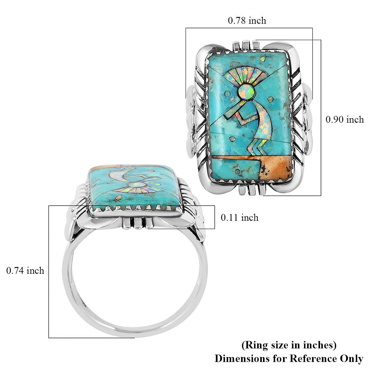 Santa Fe Style Blue Turquoise and Lab Created Opal Kokopelli Ring in Sterling Silver (Size 7.0) 5.25 ctw image number 4
