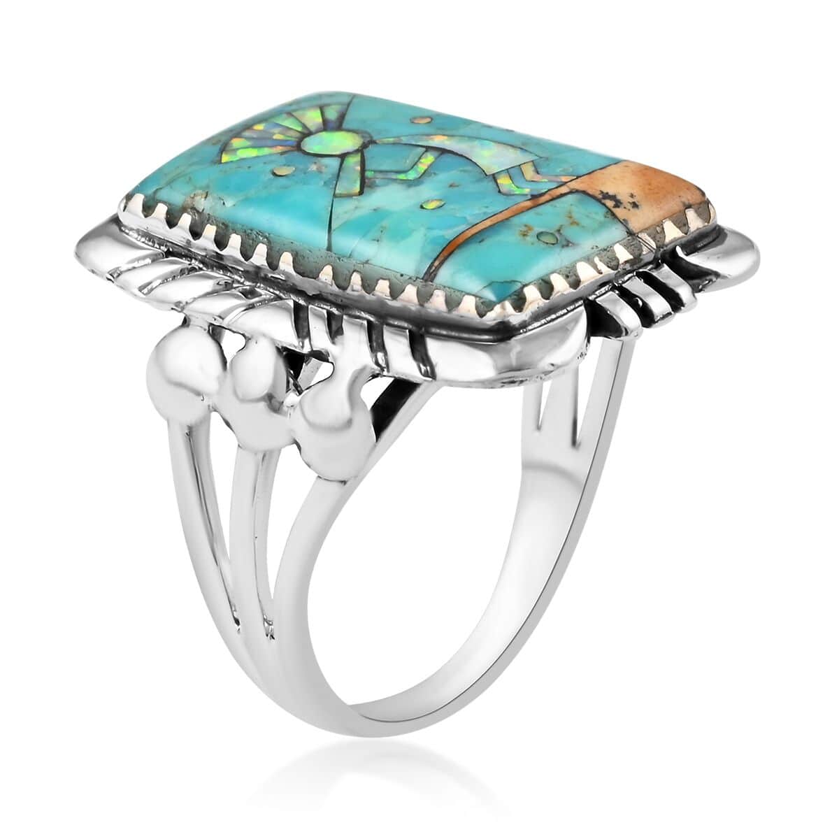 Santa Fe Style Blue Turquoise and Lab Created Opal Kokopelli Ring in  Sterling Silver (Size 8.0) 5.25 ctw