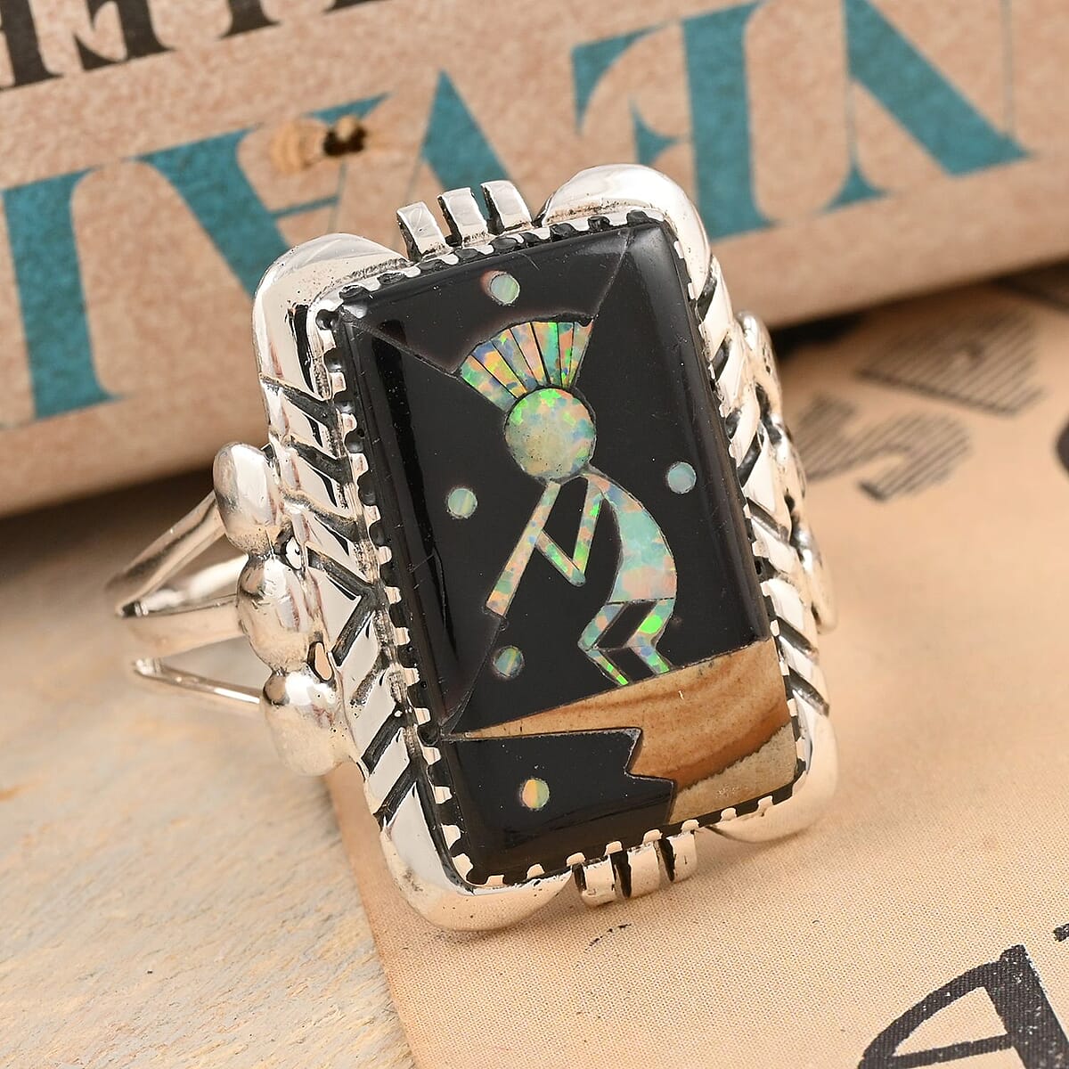 Santa Fe Style Black Onyx and Lab Created Opal Kokopelli Ring in Sterling Silver (Size 6.0) 5.25 ctw image number 1