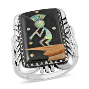 Santa Fe Style Black Onyx and Lab Created Opal Kokopelli Ring in Sterling Silver (Size 7.0) 5.25 ctw