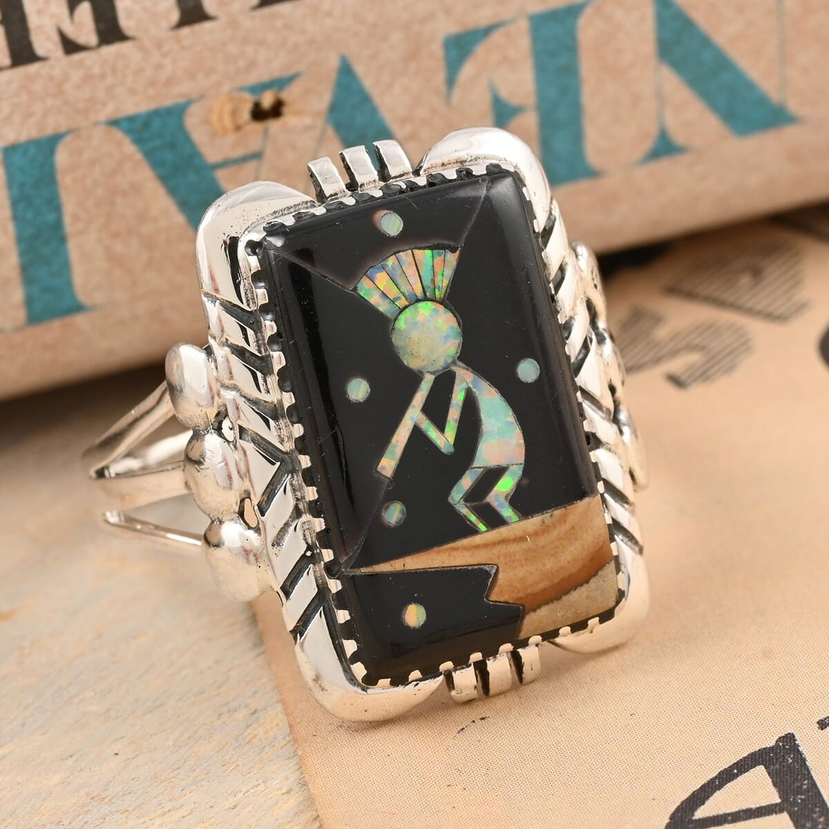 Santa Fe Style Black Onyx and Lab Created Opal Kokopelli Ring in Sterling Silver (Size 7.0) 5.25 ctw image number 1