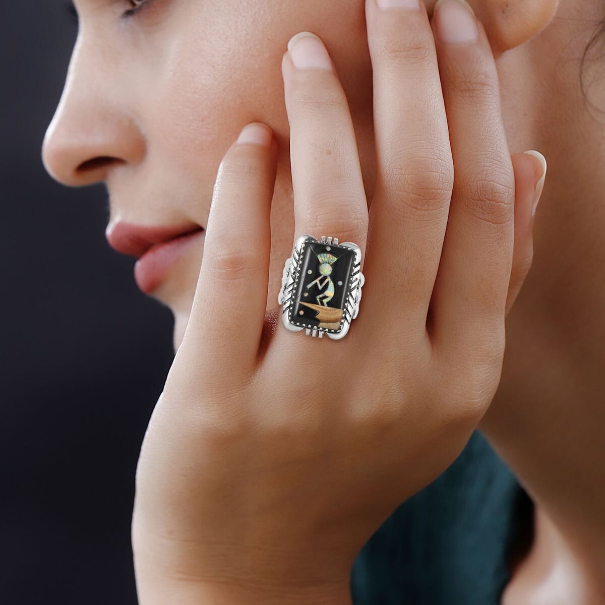 Santa Fe Style Black Onyx and Lab Created Opal Kokopelli Ring in Sterling Silver (Size 7.0) 5.25 ctw image number 2