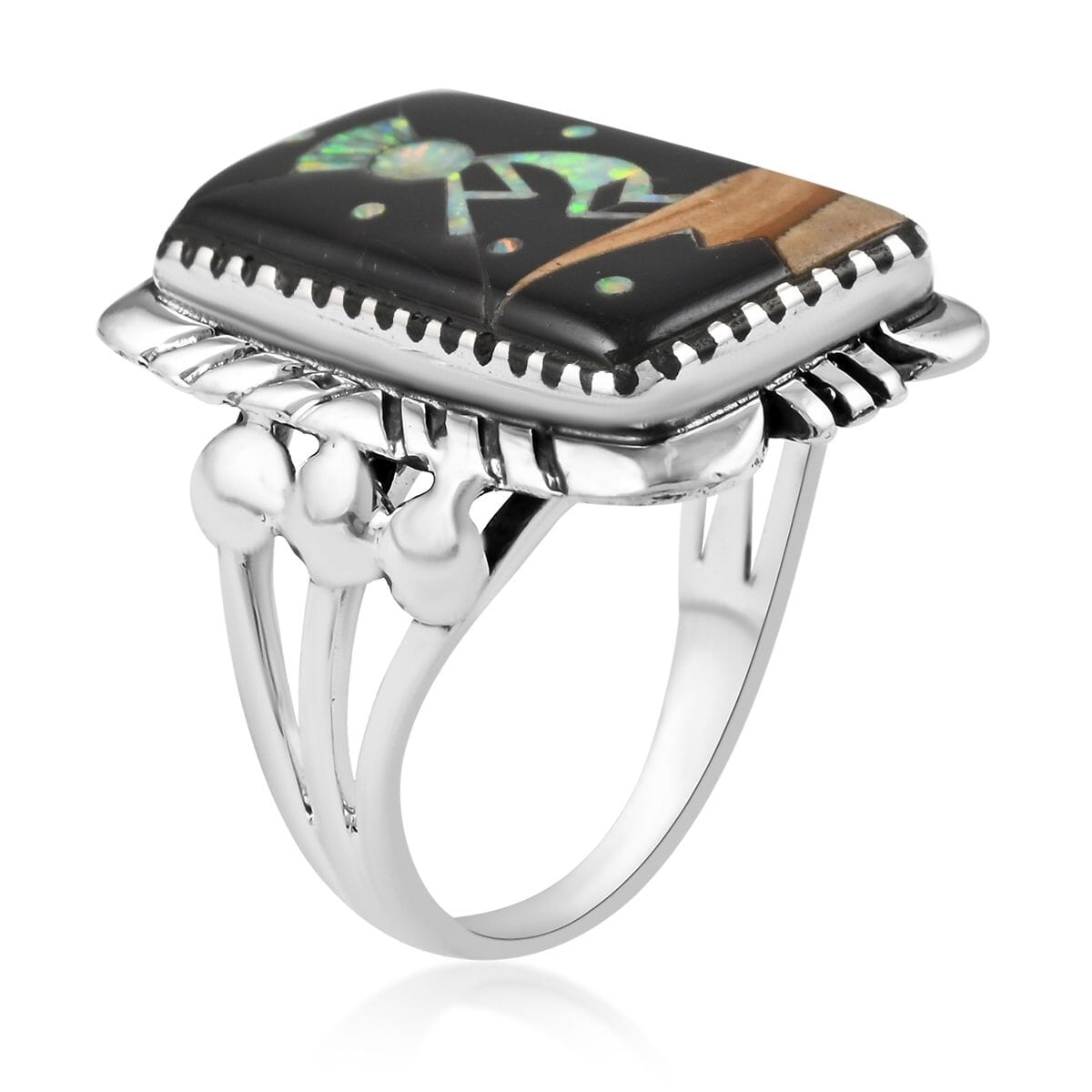 Santa Fe Style Black Onyx and Lab Created Opal Kokopelli Ring in Sterling Silver (Size 7.0) 5.25 ctw image number 3