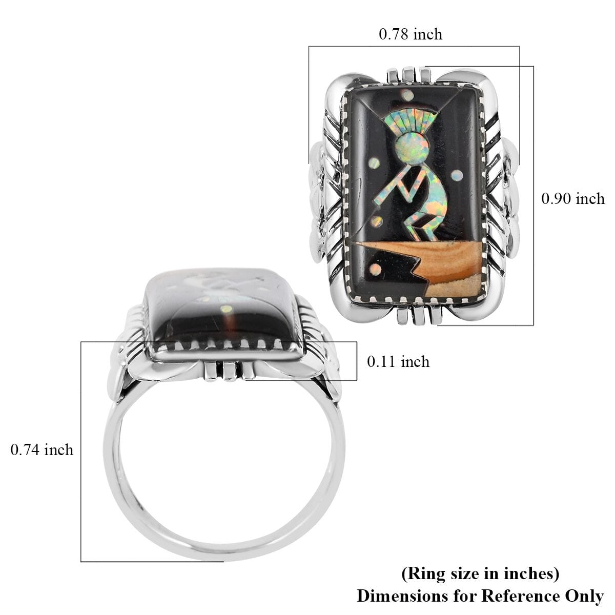 Santa Fe Style Black Onyx and Lab Created Opal Kokopelli Ring in Sterling Silver (Size 7.0) 5.25 ctw image number 4