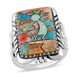 Santa Fe Style Multi Color Spiny Turquoise and Lab Created Opal Kokopelli Ring in Sterling Silver (Size 11.0) 5.25 ctw