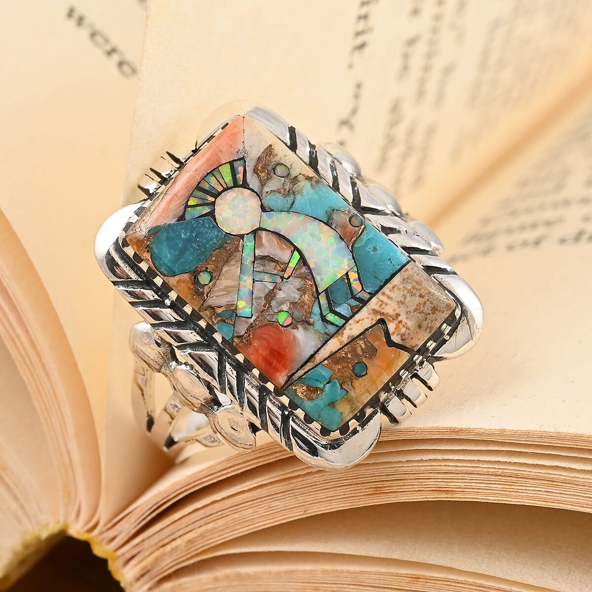 Santa Fe Style Multi Color Spiny Turquoise and Lab Created Opal Kokopelli Ring in Sterling Silver (Size 11.0) 5.25 ctw image number 1