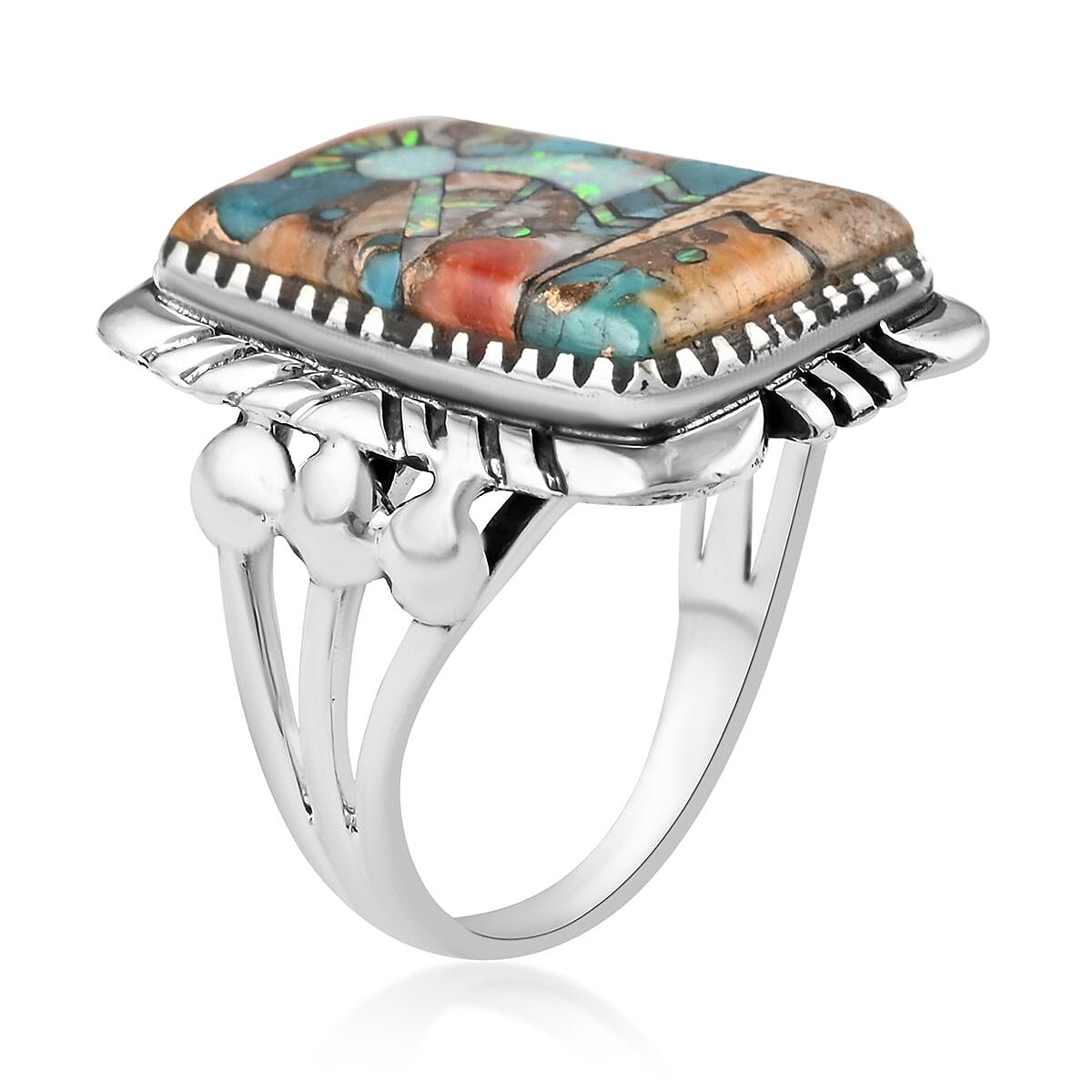 Santa Fe Style Multi Color Spiny Turquoise and Lab Created Opal Kokopelli Ring in Sterling Silver (Size 11.0) 5.25 ctw image number 3