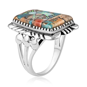 Santa Fe Style Multi Color Spiny Turquoise and Lab Created Opal Kokopelli Ring in Sterling Silver (Size 11.0) 5.25 ctw