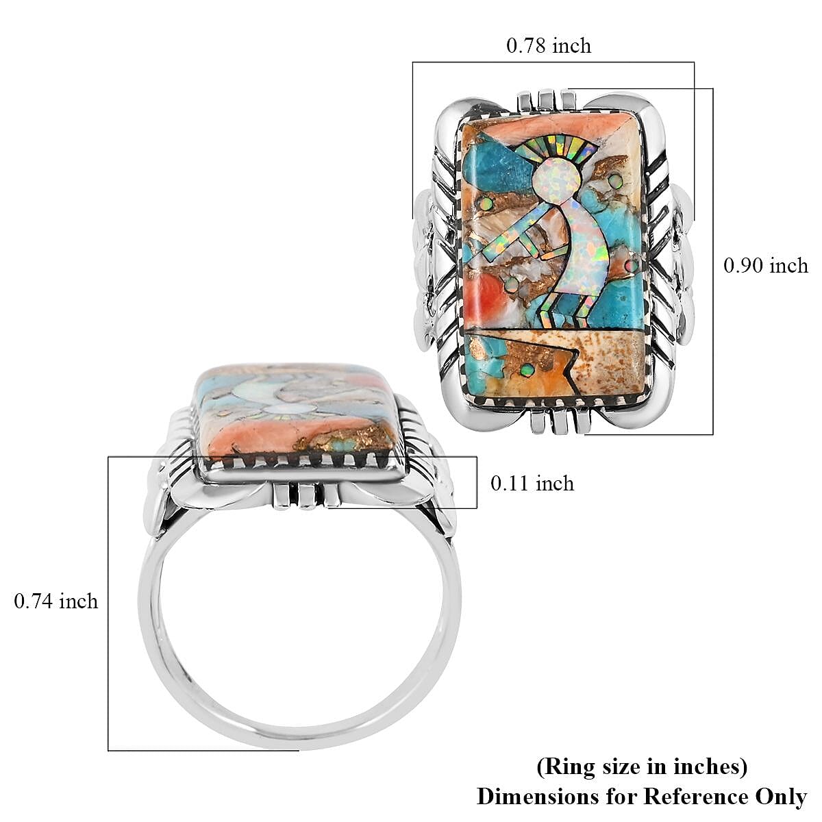 Santa Fe Style Multi Color Spiny Turquoise and Lab Created Opal Kokopelli Ring in Sterling Silver (Size 11.0) 5.25 ctw image number 4