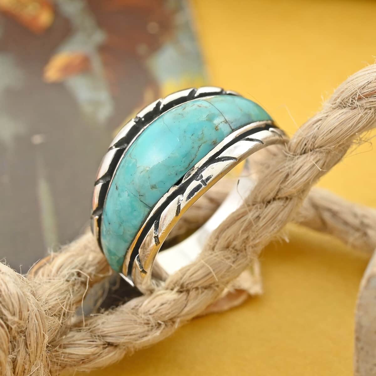 SANTA FE Style Blue Turquoise Ring in Sterling Silver 3.35 ctw image number 1