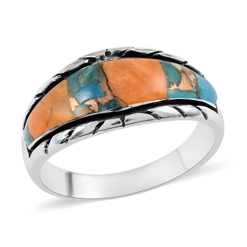 Santa Fe Style Multi Color Spiny Turquoise Ring in Sterling Silver (Size 9.0) 3.35 ctw