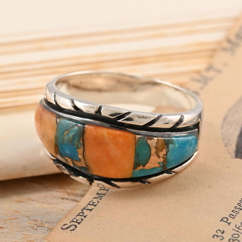Santa Fe Style Multi Color Spiny Turquoise Ring in Sterling Silver (Size 9.0) 3.35 ctw