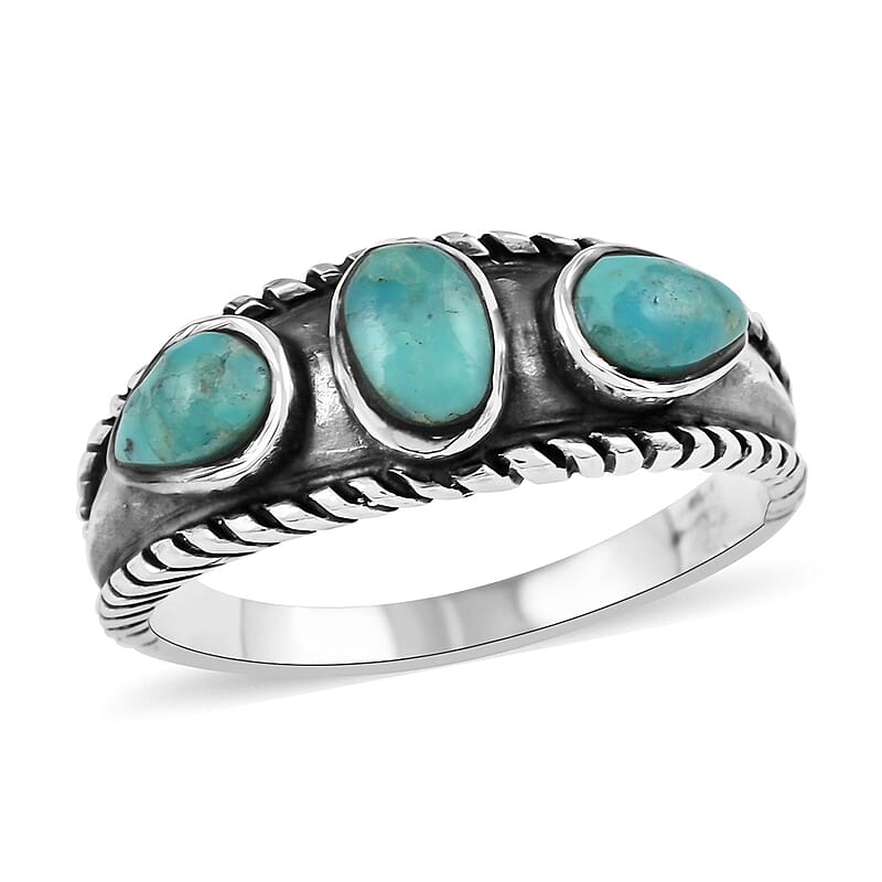 Santa Fe Style Turquoise 3 Stone Ring in Sterling Silver (Size 6.0) 1.50 ctw