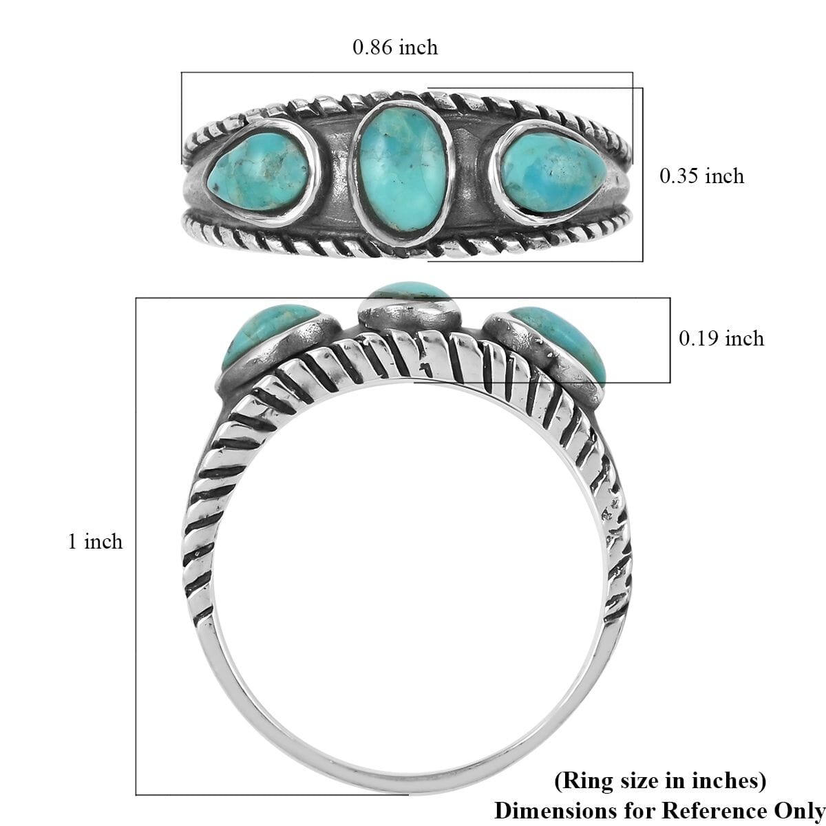 SANTA FE Style Turquoise 3 Stone Ring in Sterling Silver (Size 6.0) 1.50 ctw image number 4