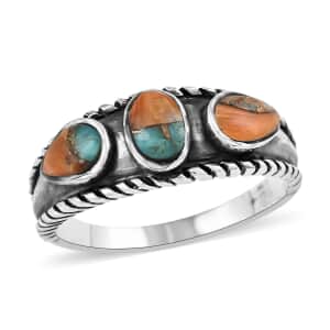 Mother’s Day Gift Santa Fe Style Spiny Turquoise 3 Stone Ring in Sterling Silver (Size 7.0) 1.50 ctw
