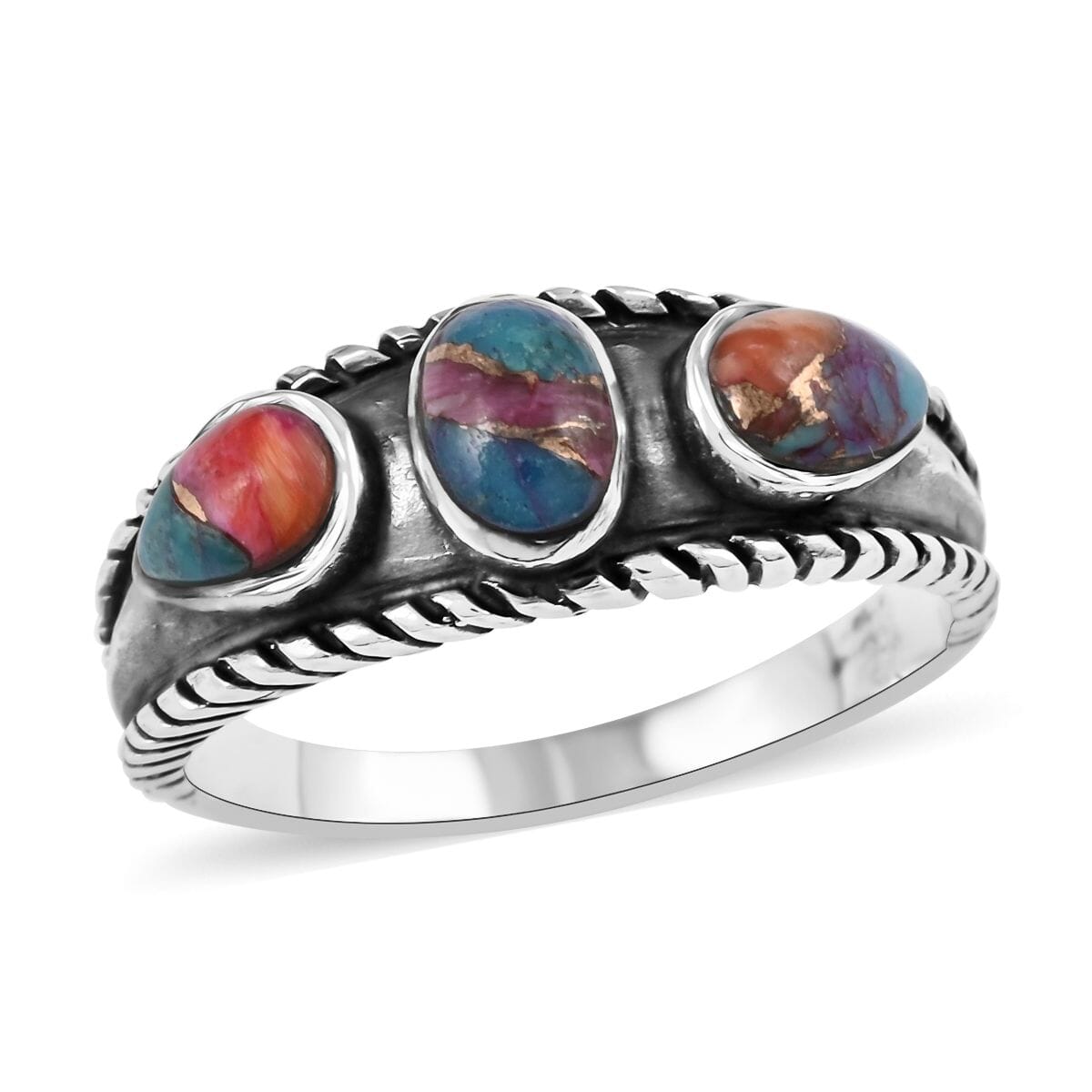 Santa Fe Style Rainbow Color Spiny Turquoise 3 Stone Ring in Sterling Silver (Size 7.0) 1.50 ctw image number 0