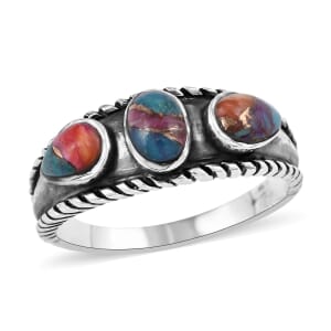 Santa Fe Style Rainbow Color Spiny Turquoise 3 Stone Ring in Sterling Silver (Size 7.0) 1.50 ctw