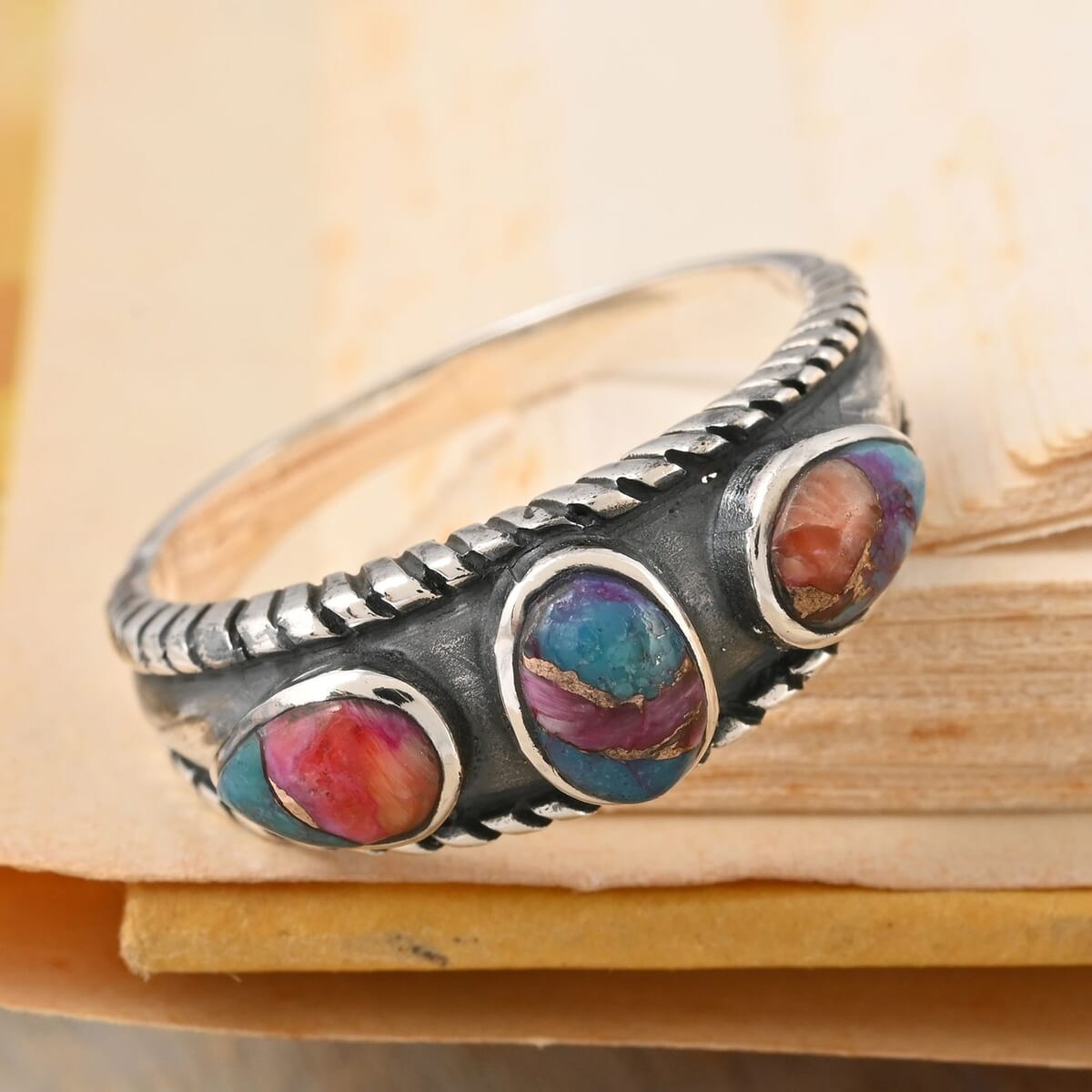 Santa Fe Style Rainbow Color Spiny Turquoise 3 Stone Ring in Sterling Silver (Size 7.0) 1.50 ctw image number 1