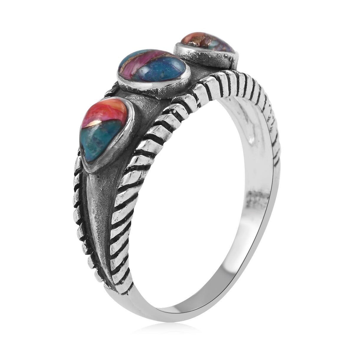 Santa Fe Style Rainbow Color Spiny Turquoise 3 Stone Ring in Sterling Silver (Size 7.0) 1.50 ctw image number 3